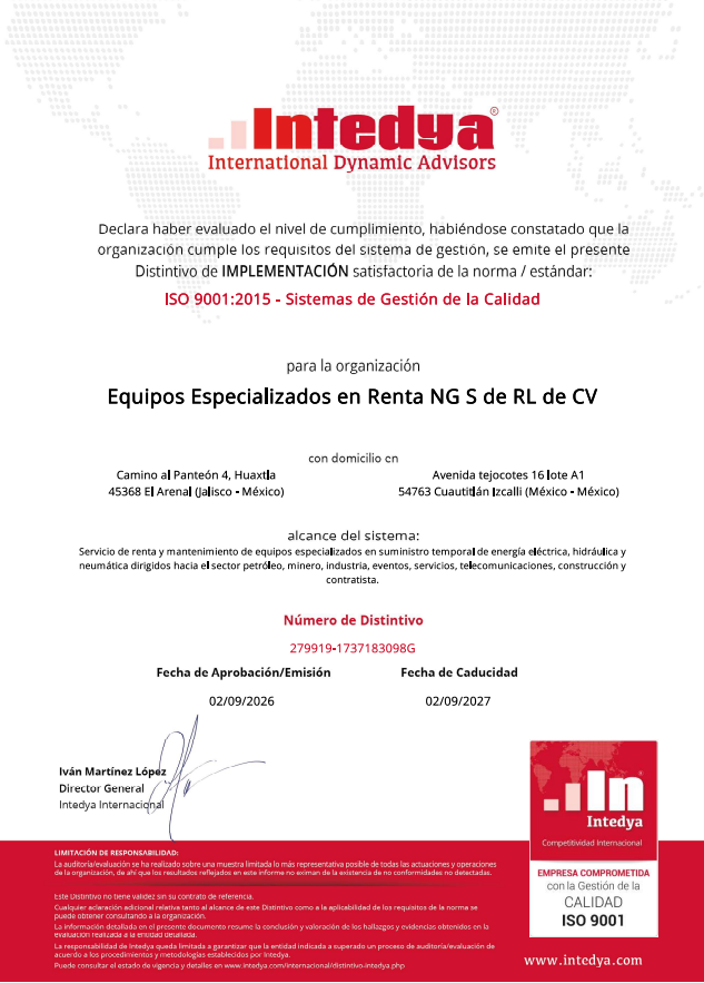 Distintivo de Implementación ISO 9001:2015 NG Rental Power